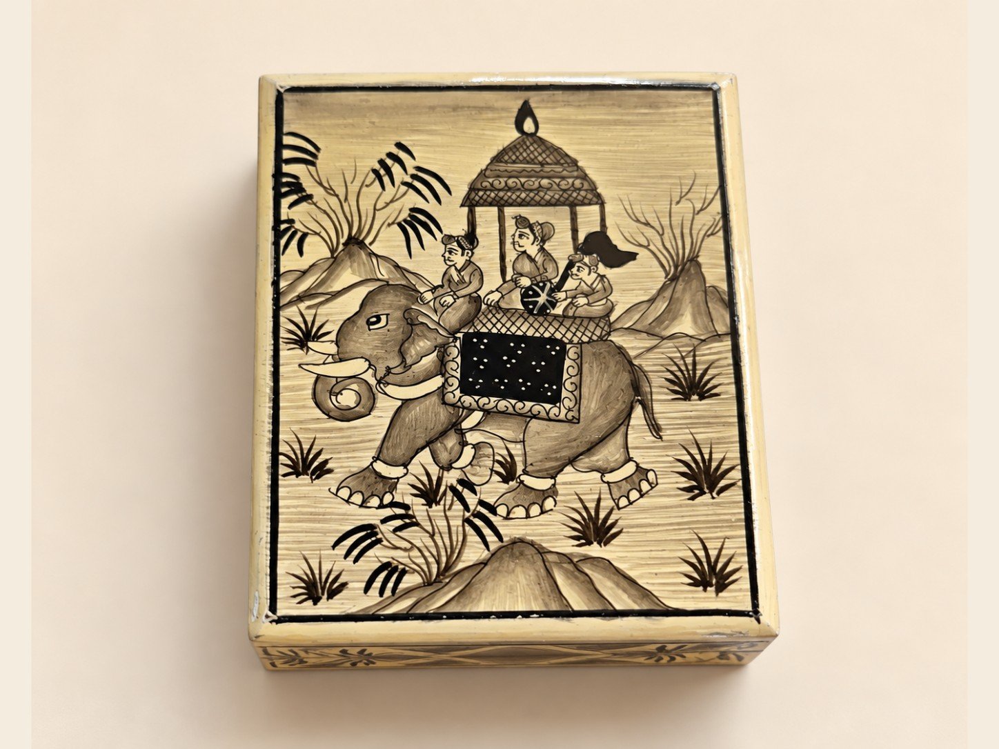 Elephant papier mache box hand-painted in Kashmir with a royal elephant and howdah