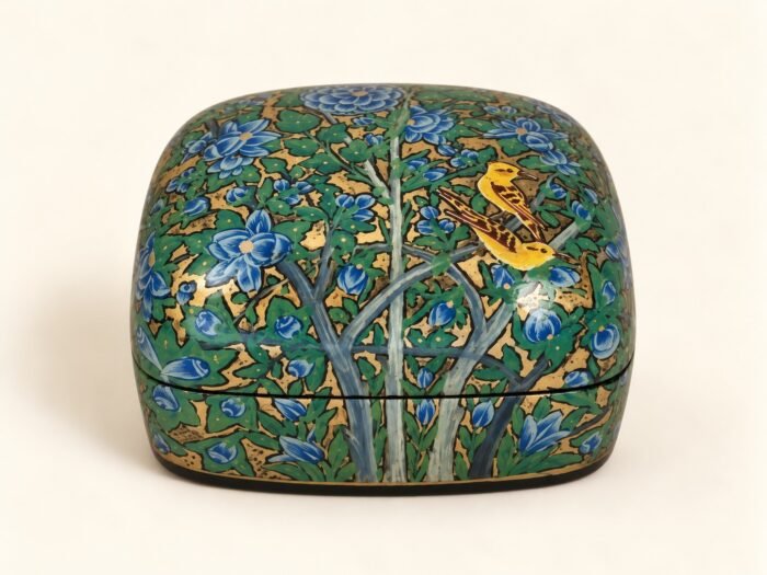 Closed green and blue papier mache box hand-painted with a golden bird among blue flowers, small Kashmiri jewelry box
