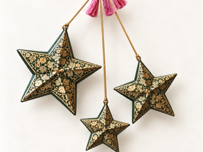 Hand-Painted Papier Mache Star Set of 3 – Gold & Black
