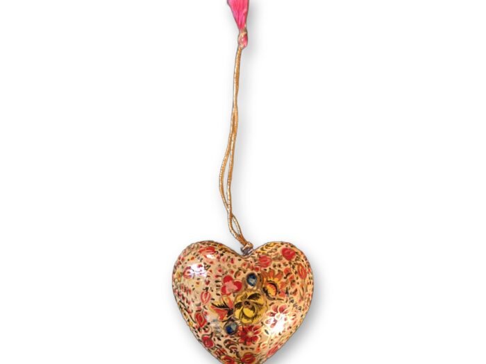 Hand-Painted Papier Mache Heart – Gold & Orange Floral