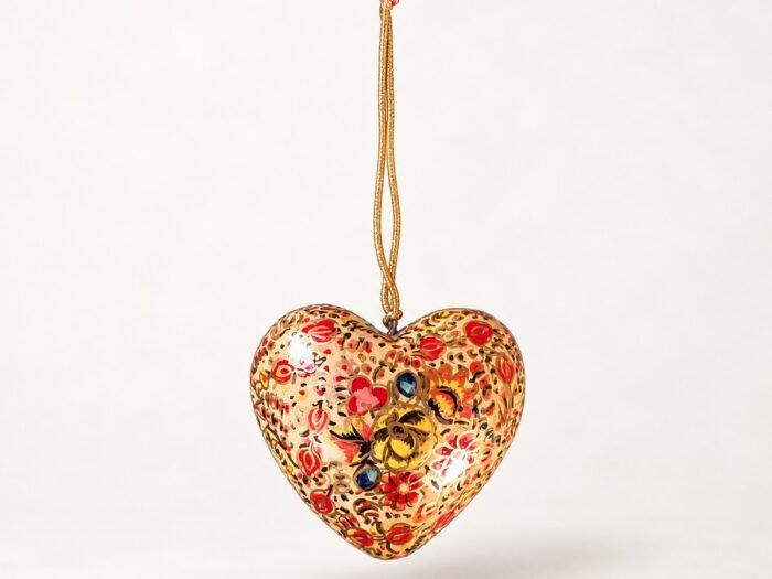 Hand-Painted Papier Mache Heart – Gold & Orange Floral