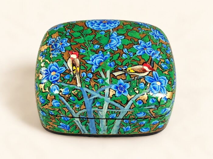 Goldfinch papier mache box hand-painted with two goldfinches among blue flowers and green leaves on gold, small Kashmiri jewelry box