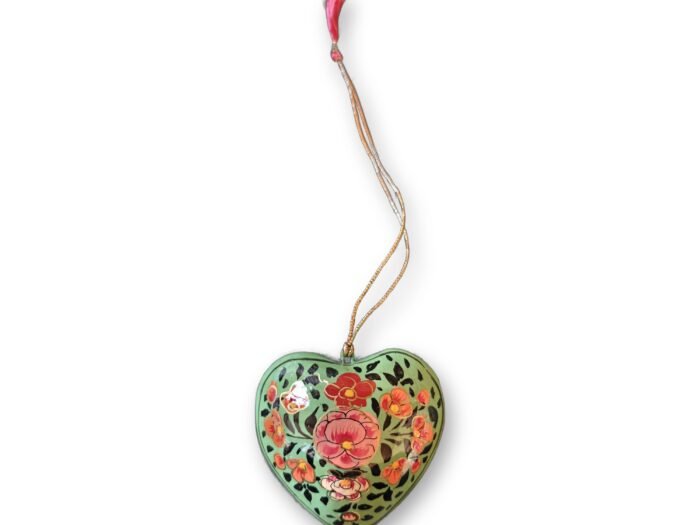 Hand-Painted Papier Mache Heart – Green with Red & Pink Flowers