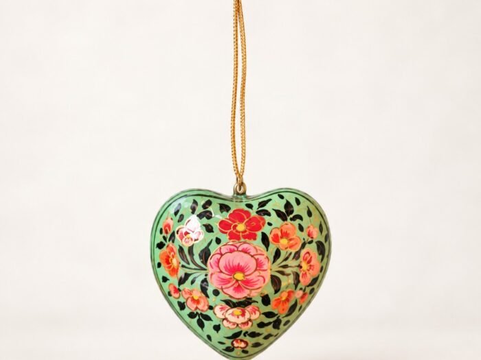 Hand-Painted Papier Mache Heart – Green with Red & Pink Flowers