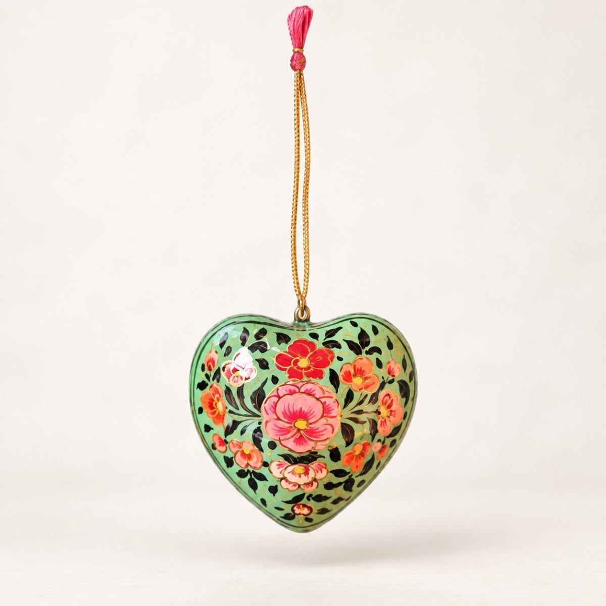 Hand-Painted Papier Mache Heart – Green with Red & Pink Flowers