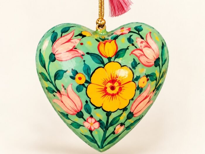 Hand-Painted Papier Mache Heart – Green with Orange Flowers