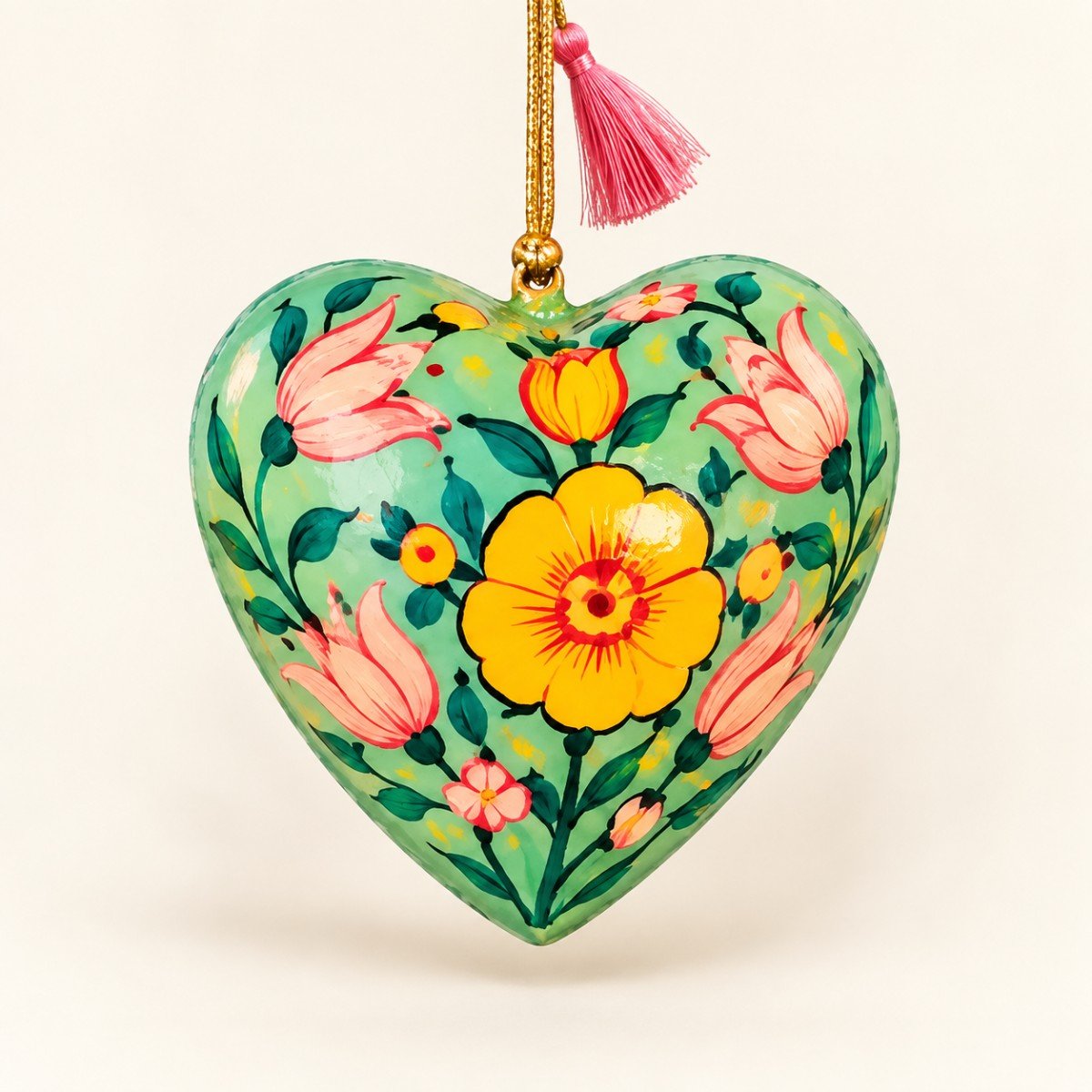 Hand-Painted Papier Mache Heart – Green with Orange Flowers