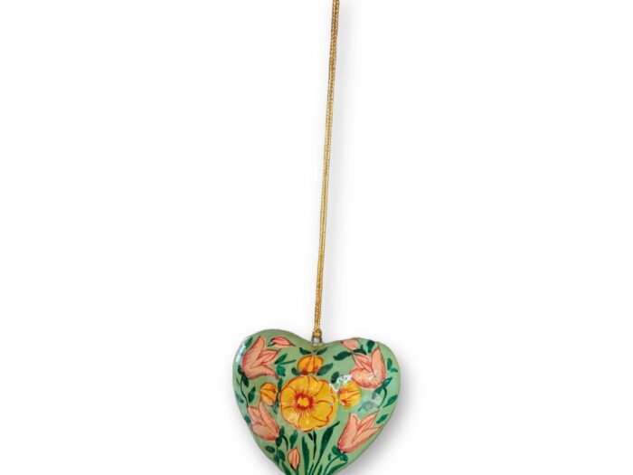 Hand-Painted Papier Mache Heart – Green with Orange Flowers