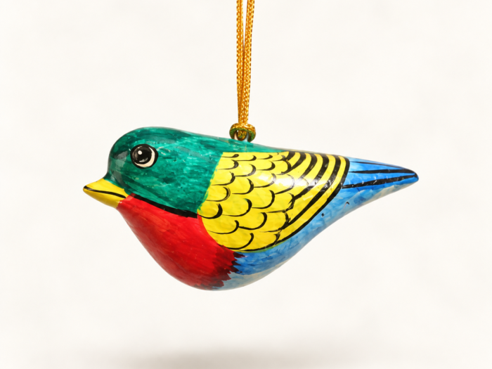 Hand-painted papier mache bird hanging ornament in green, yellow, red and blue