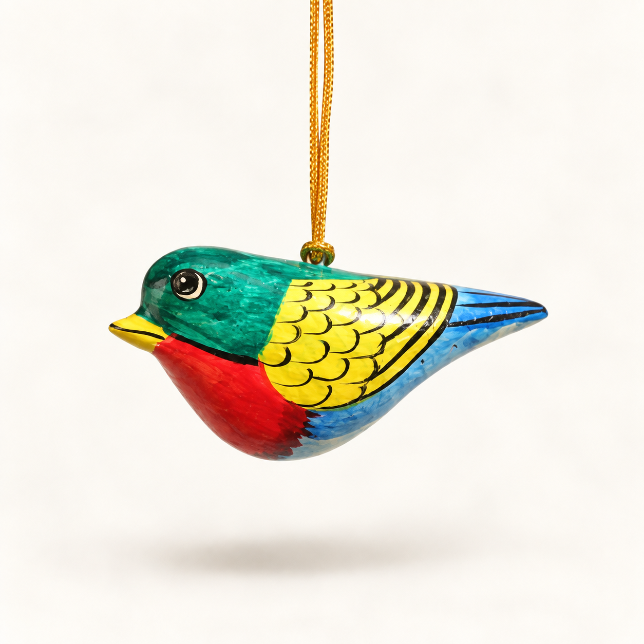 Hand-painted papier mache bird hanging ornament in green, yellow, red and blue