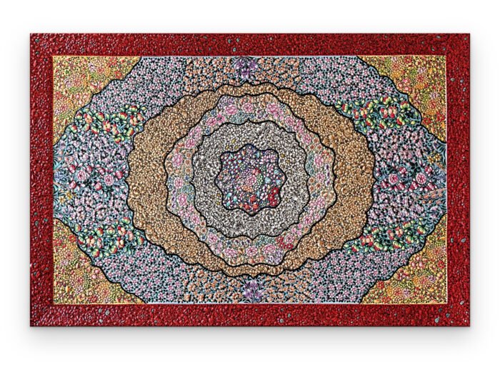 Kashmiri papier-mâché wall panel, 3×2 ft, red embossed border and floral medallion