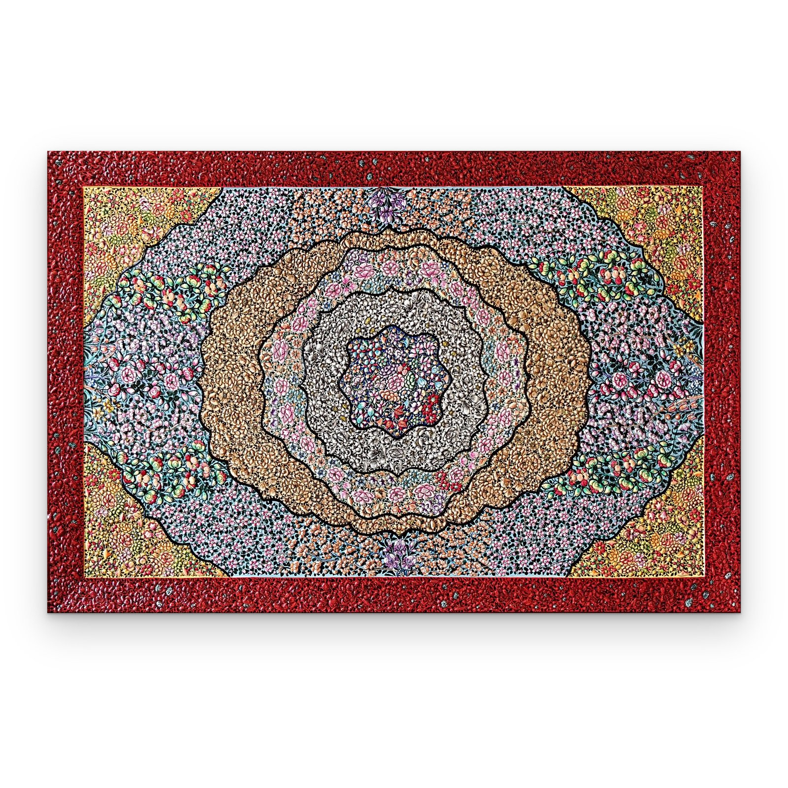 Kashmiri papier-mâché wall panel, 3×2 ft, red embossed border and floral medallion