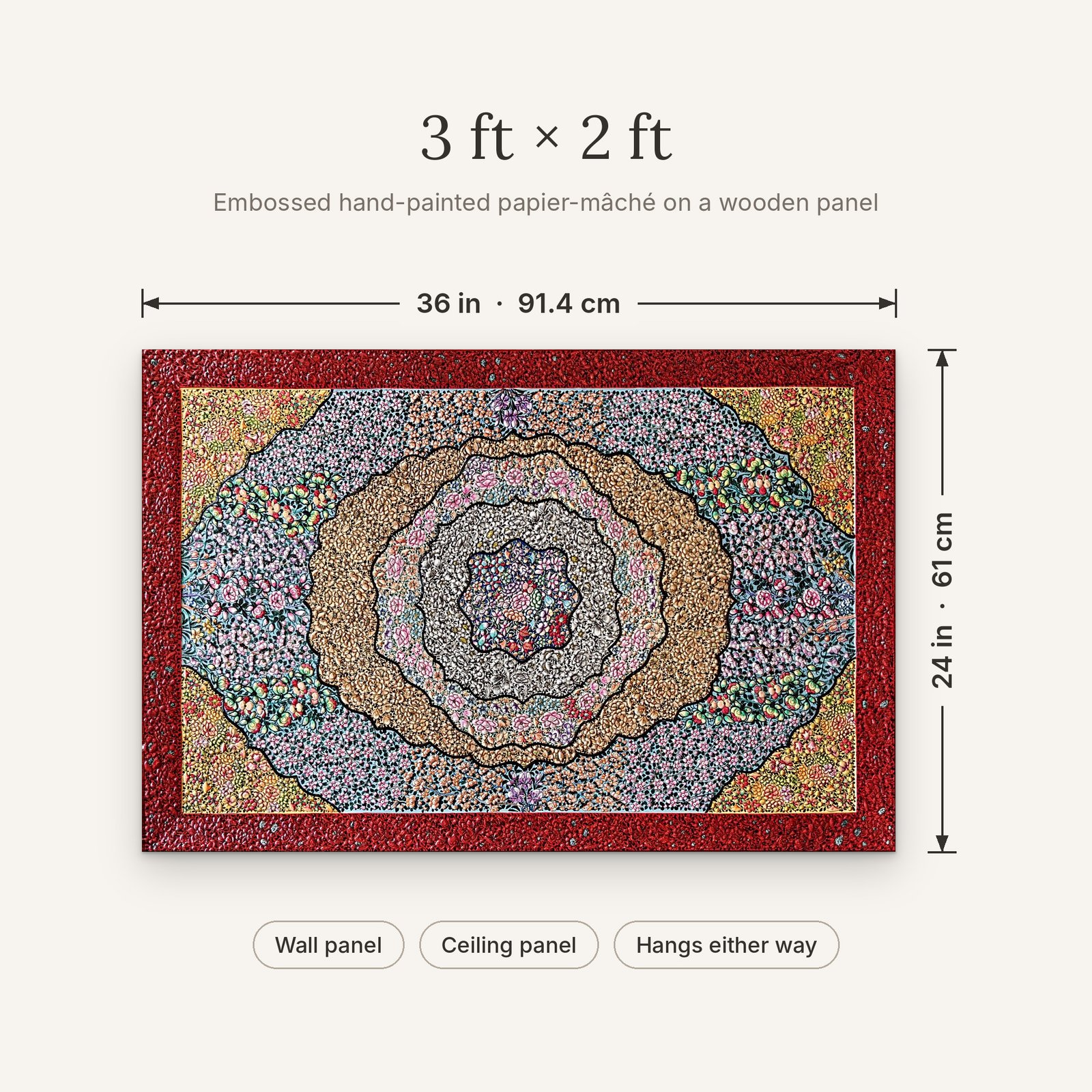 Size guide for the 36 × 24 in (91.4 × 61 cm) papier-mâché panel