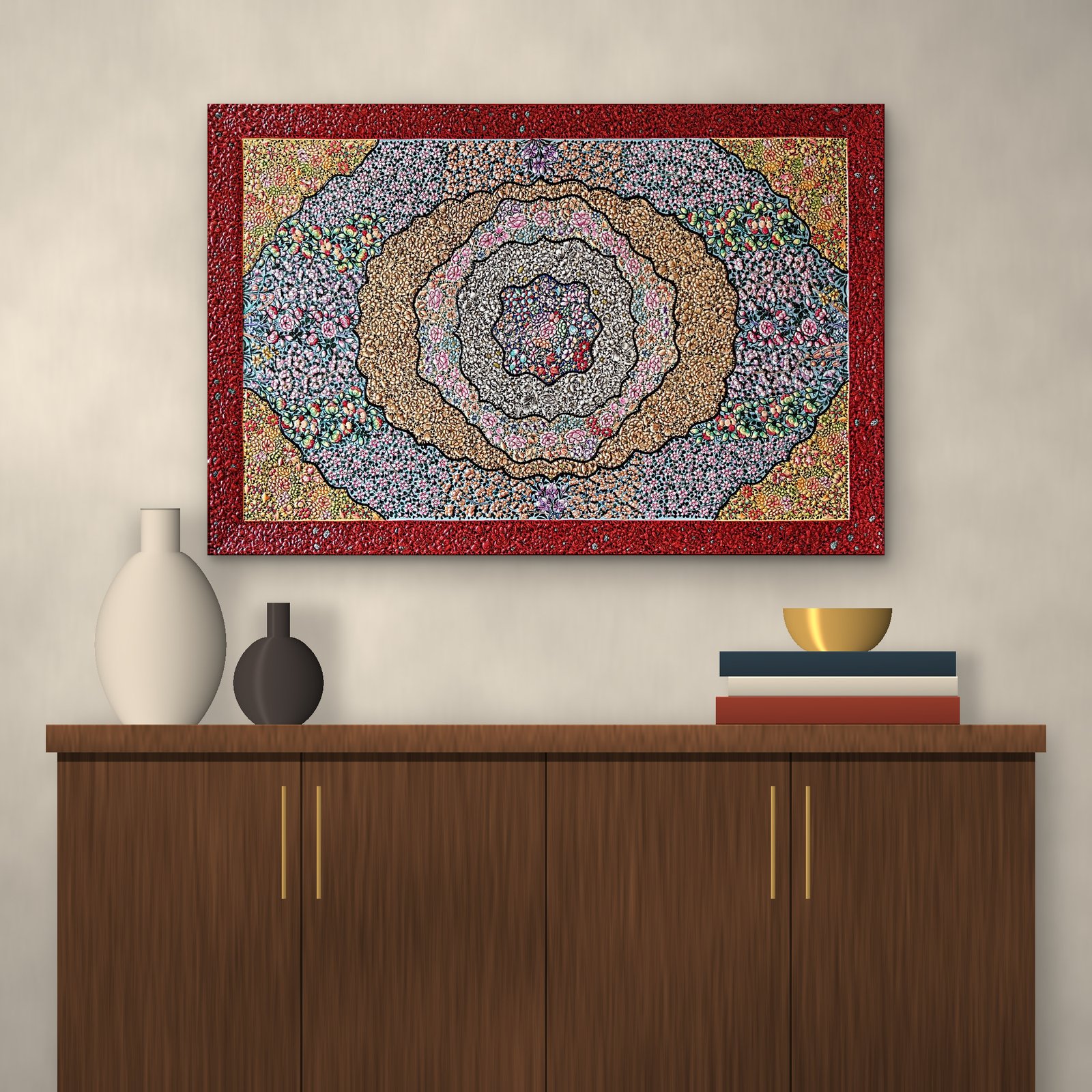 Papier-mâché panel hung above a walnut sideboard in a living room
