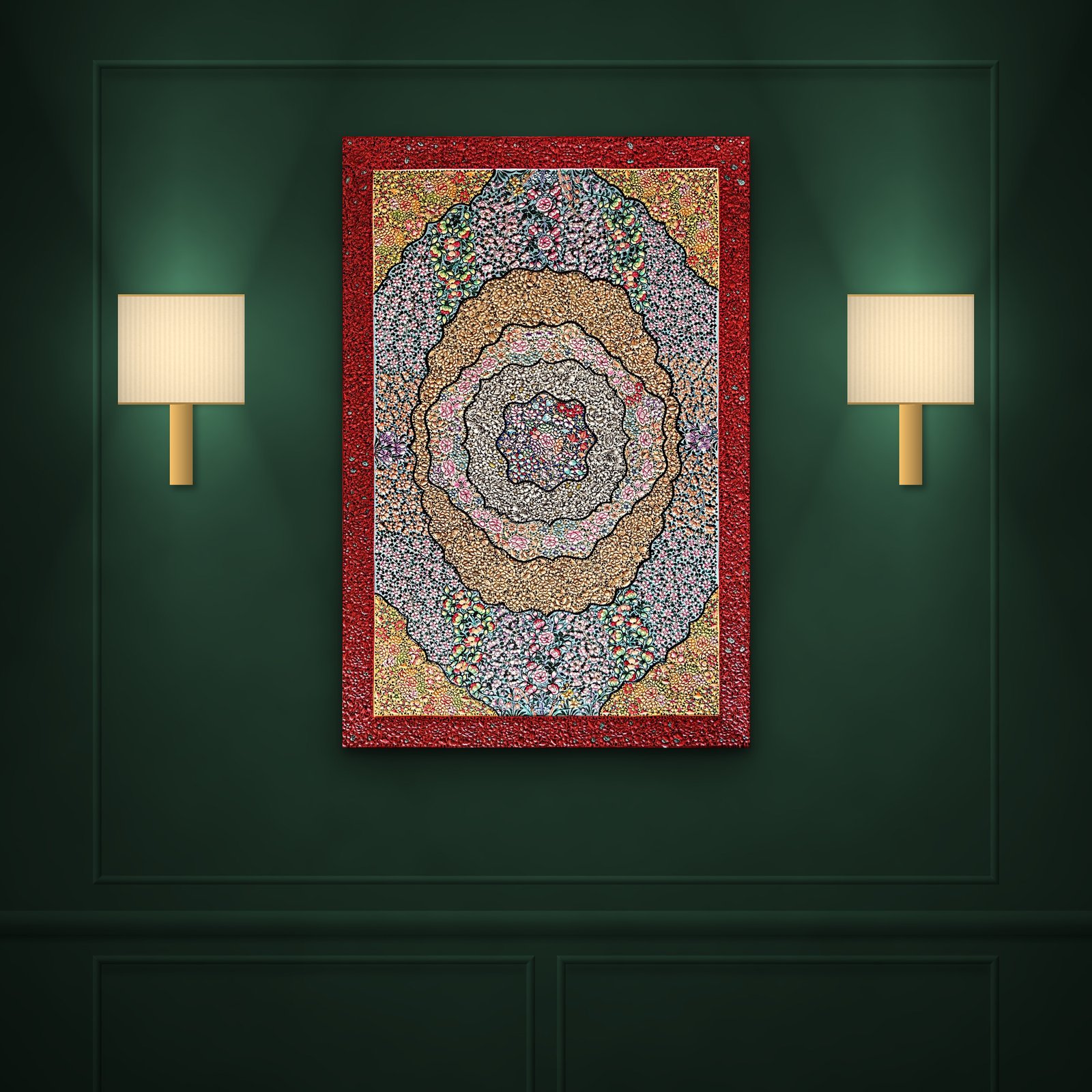 Papier-mâché panel hung vertically between brass wall sconces on a dark green wall