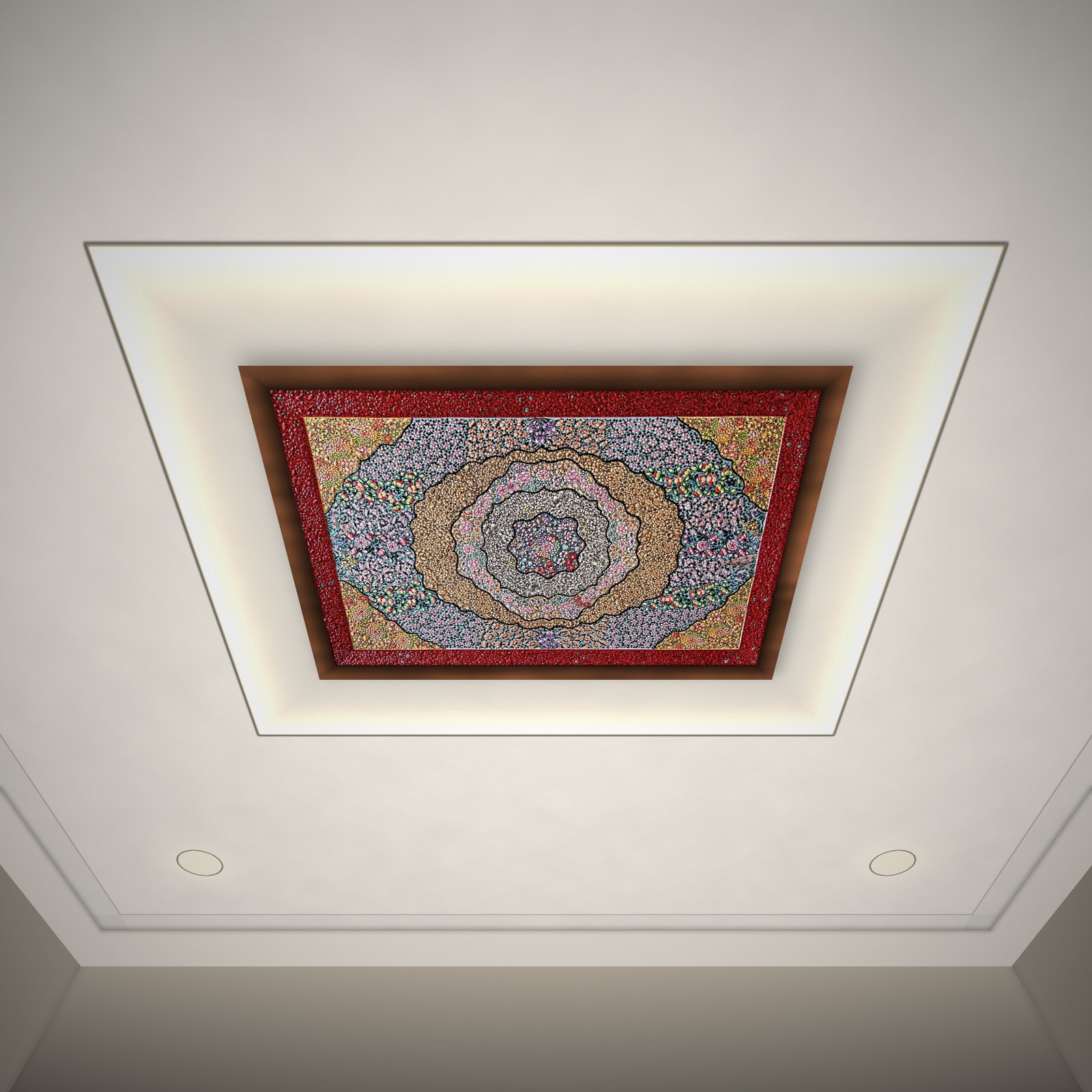 Papier-mâché panel set into a ceiling tray with warm cove lighting