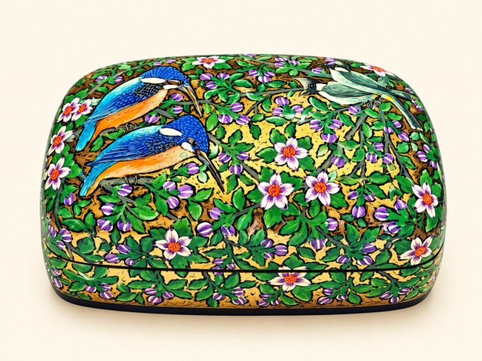 Closed 7x4 inch papier mache box hand-painted with two blue and orange kingfishers among white and pink flowers on green and gold, large Kashmiri jewelry box