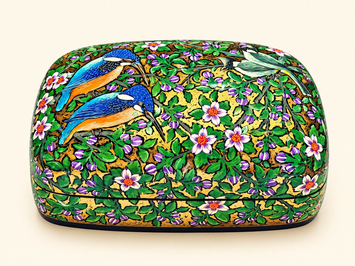 Closed 7x4 inch papier mache box hand-painted with two blue and orange kingfishers among white and pink flowers on green and gold, large Kashmiri jewelry box