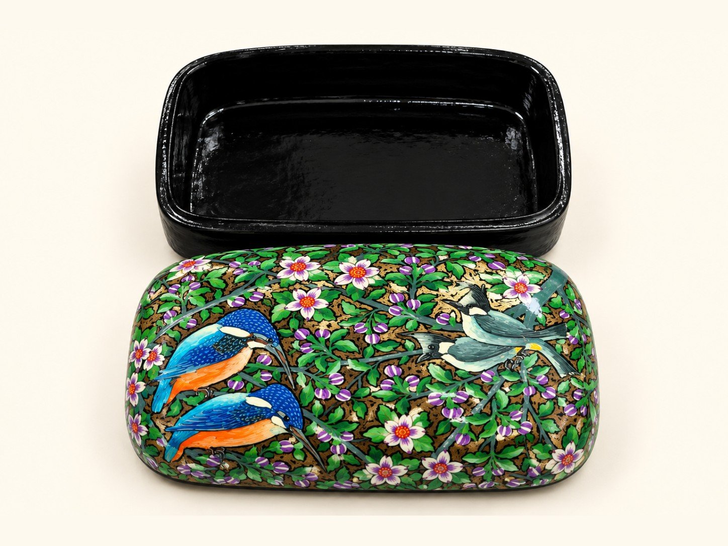 Open 7x4 inch kingfisher papier mache box showing glossy black lacquered interior