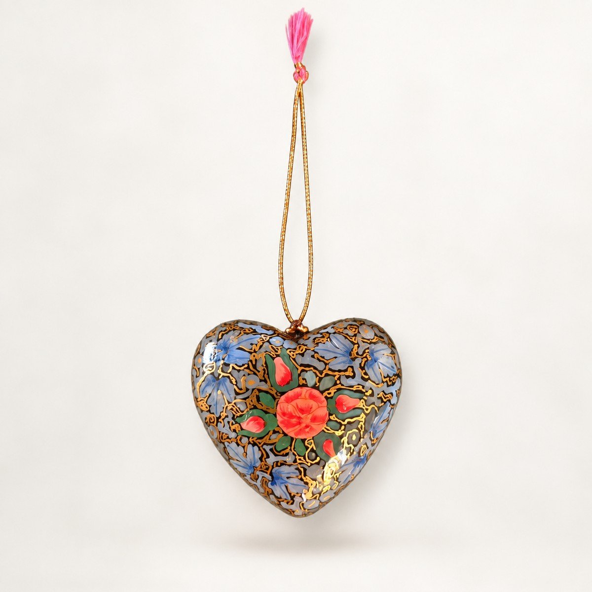 Hand-Painted Papier Mache Heart – Lavender with Coral Flower