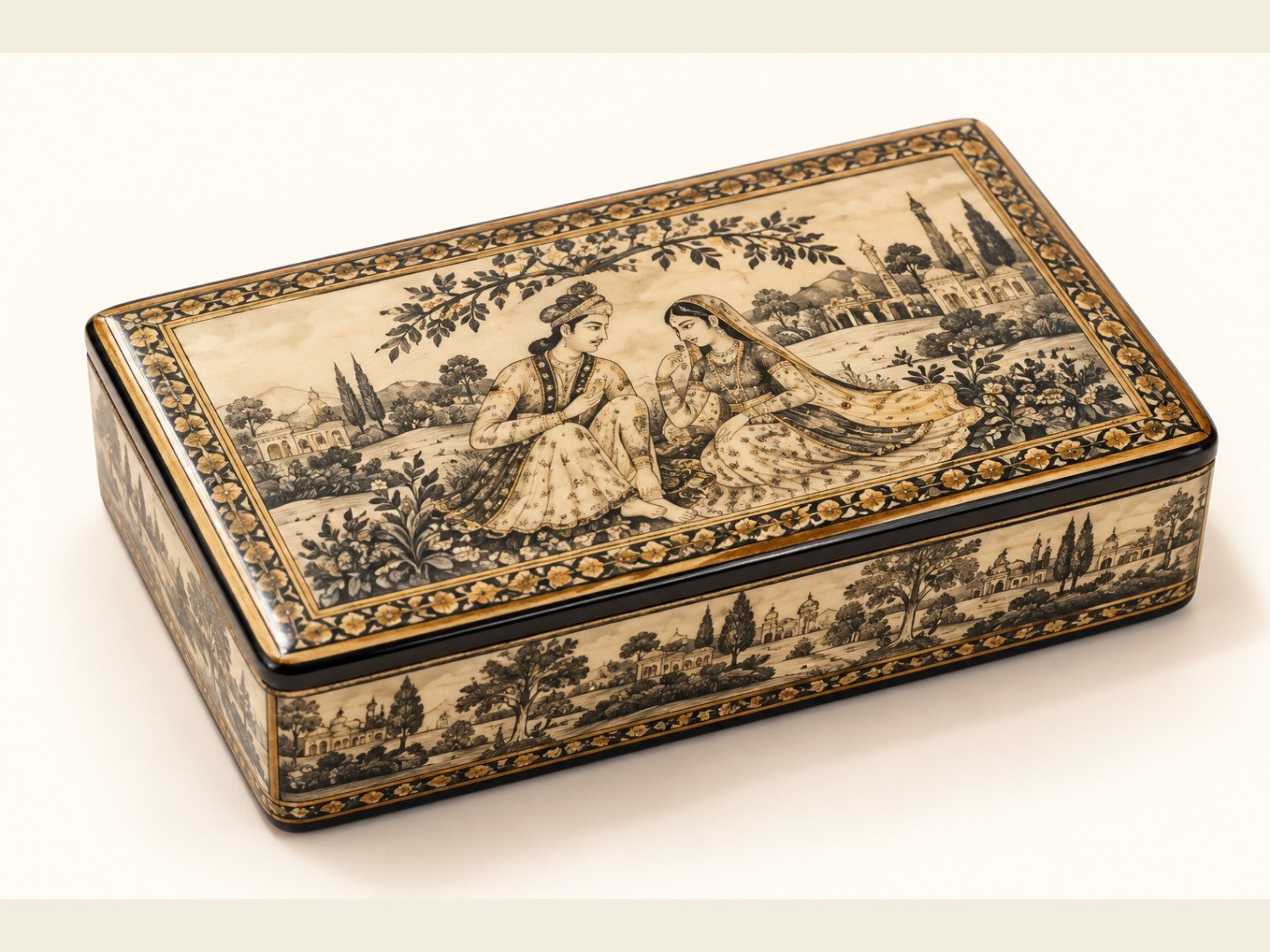 Mughal garden scene papier mache box hand-painted in Kashmir with an intricate Mughal garden and river scene