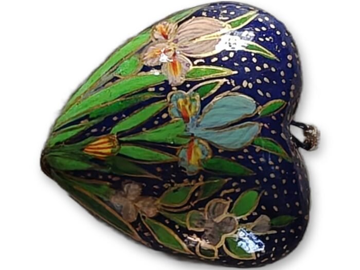 Hand-Painted Papier Mache Heart – Navy Blue with Iris Flowers