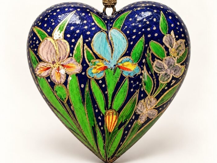 Hand-Painted Papier Mache Heart – Navy Blue with Iris Flowers