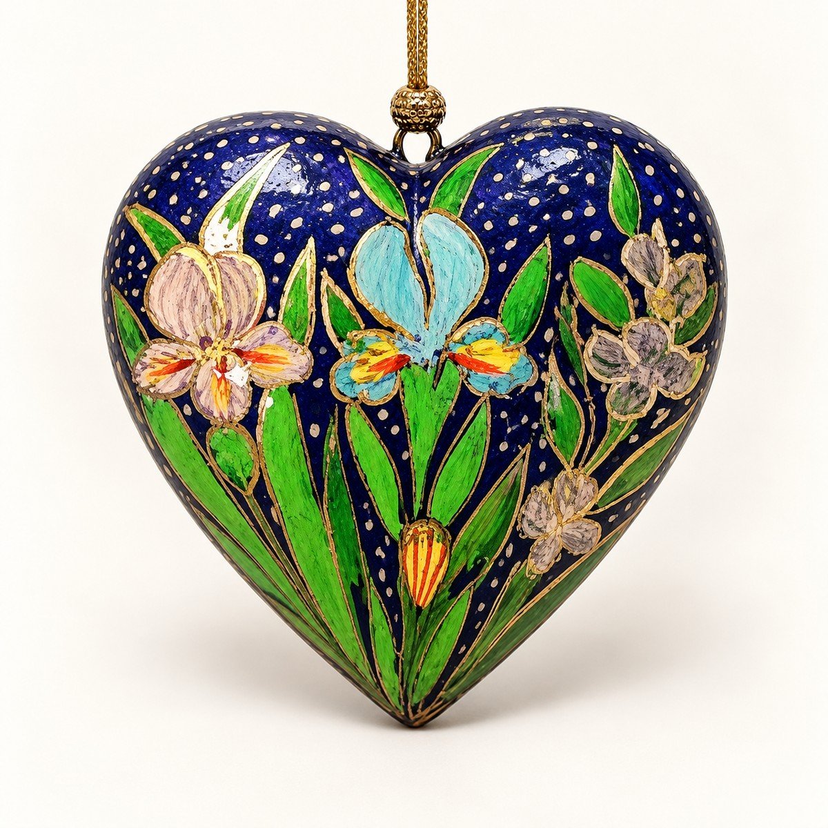 Navy blue papier mache heart ornament hand-painted in Kashmir with iris flowers and gold dots on navy blue