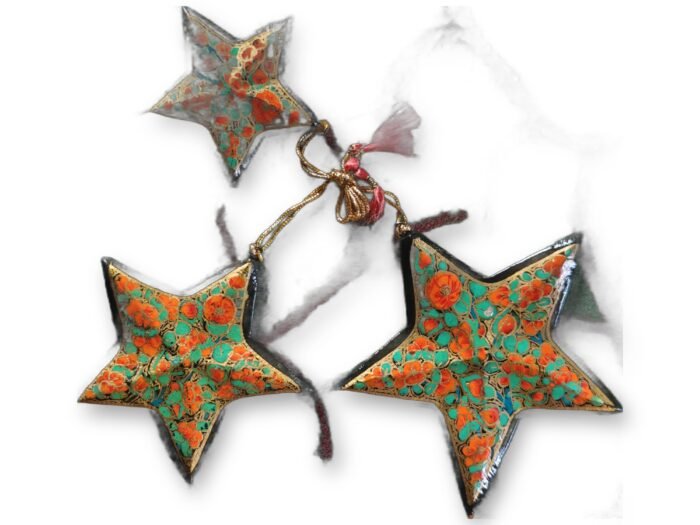 Hand-Painted Papier Mache Star Set of 3 – Orange & Green