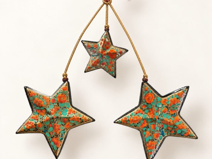 Hand-Painted Papier Mache Star Set of 3 – Orange & Green