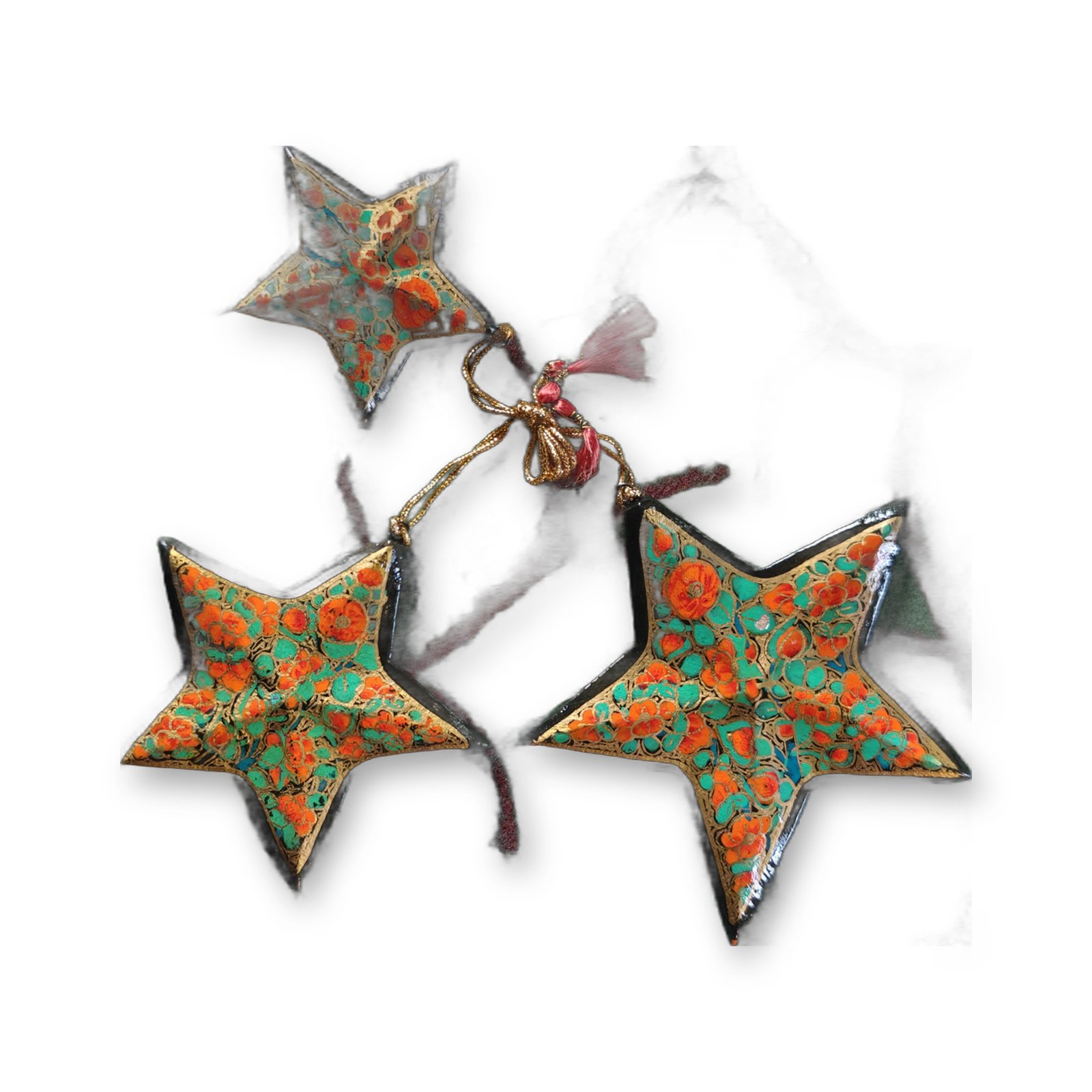 Hand-Painted Papier Mache Star Set of 3 – Orange & Green