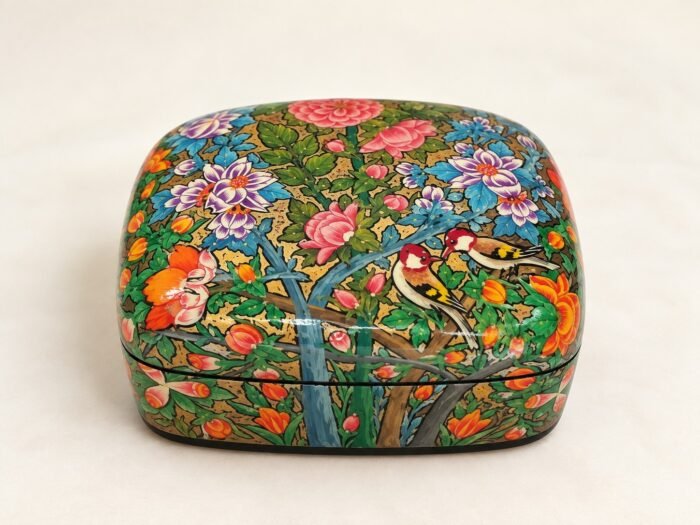 Closed orange peony papier mache box hand-painted with pink and orange flowers and finches on green foliage, small Kashmiri jewelry box