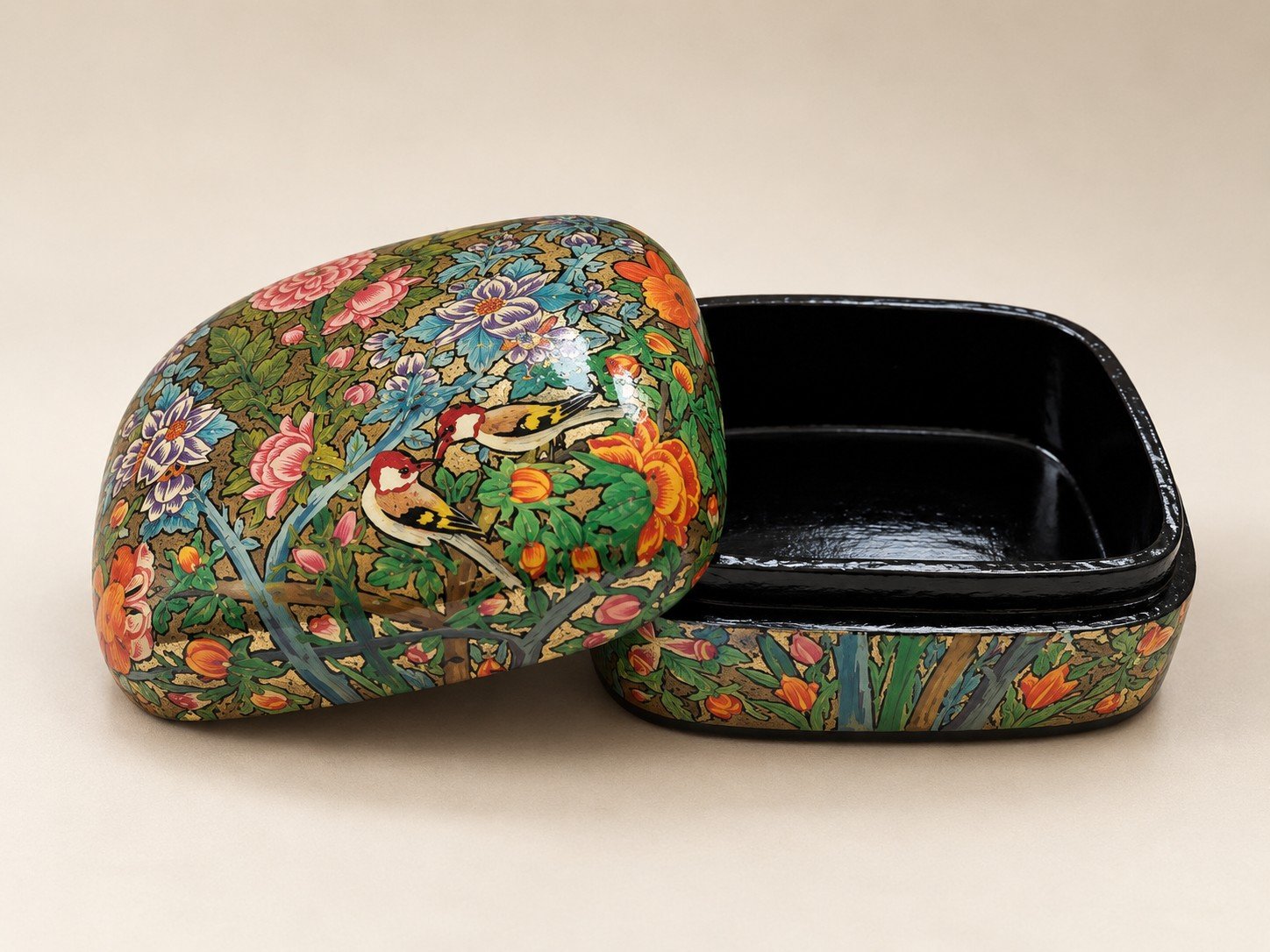 Open orange peony papier mache box with floral lid and glossy black lacquered interior