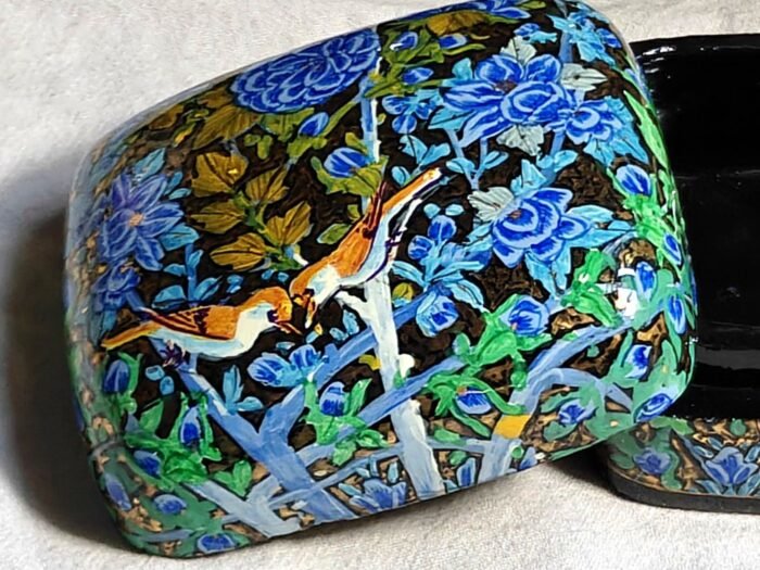 Blue papier mache ring box, Blue Garden No. 1, hand-painted with a songbird feeding its mate and real 24K gold strokes, lid resting against the open box