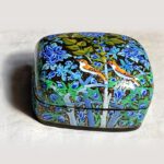 Blue papier mache earring box, Blue Garden No. 2, hand-painted with a pair of perched songbirds and real 24K gold strokes, with the lid on