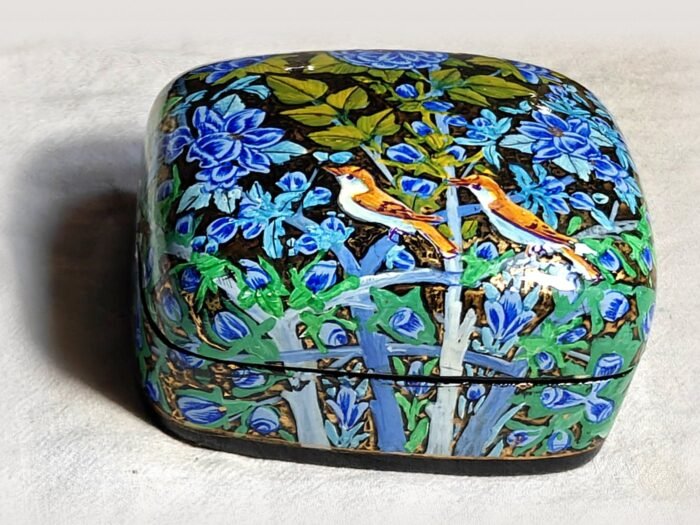Blue papier mache earring box, Blue Garden No. 2, hand-painted with a pair of perched songbirds and real 24K gold strokes, with the lid on