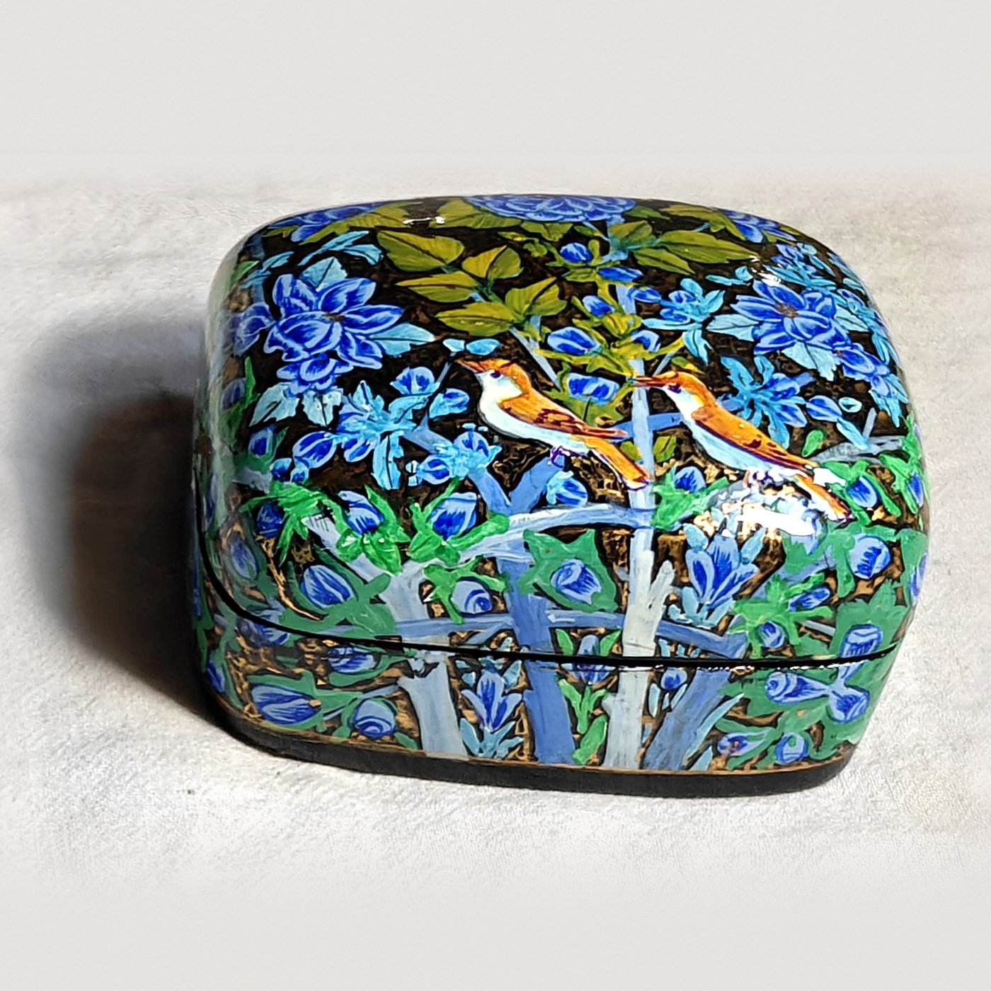 Blue papier mache earring box, Blue Garden No. 2, hand-painted with a pair of perched songbirds and real 24K gold strokes, with the lid on