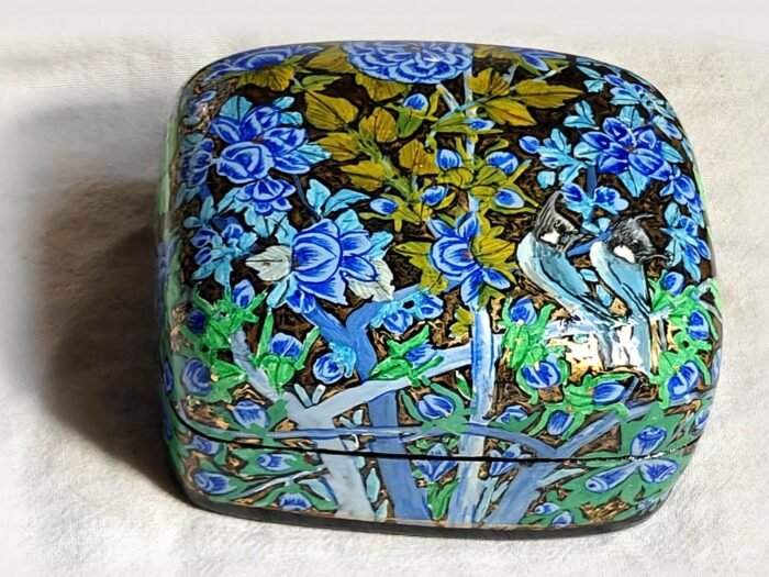 Blue papier mache trinket box, Blue Garden No. 4, hand-painted with twin bulbuls side by side and real 24K gold strokes, with the lid on