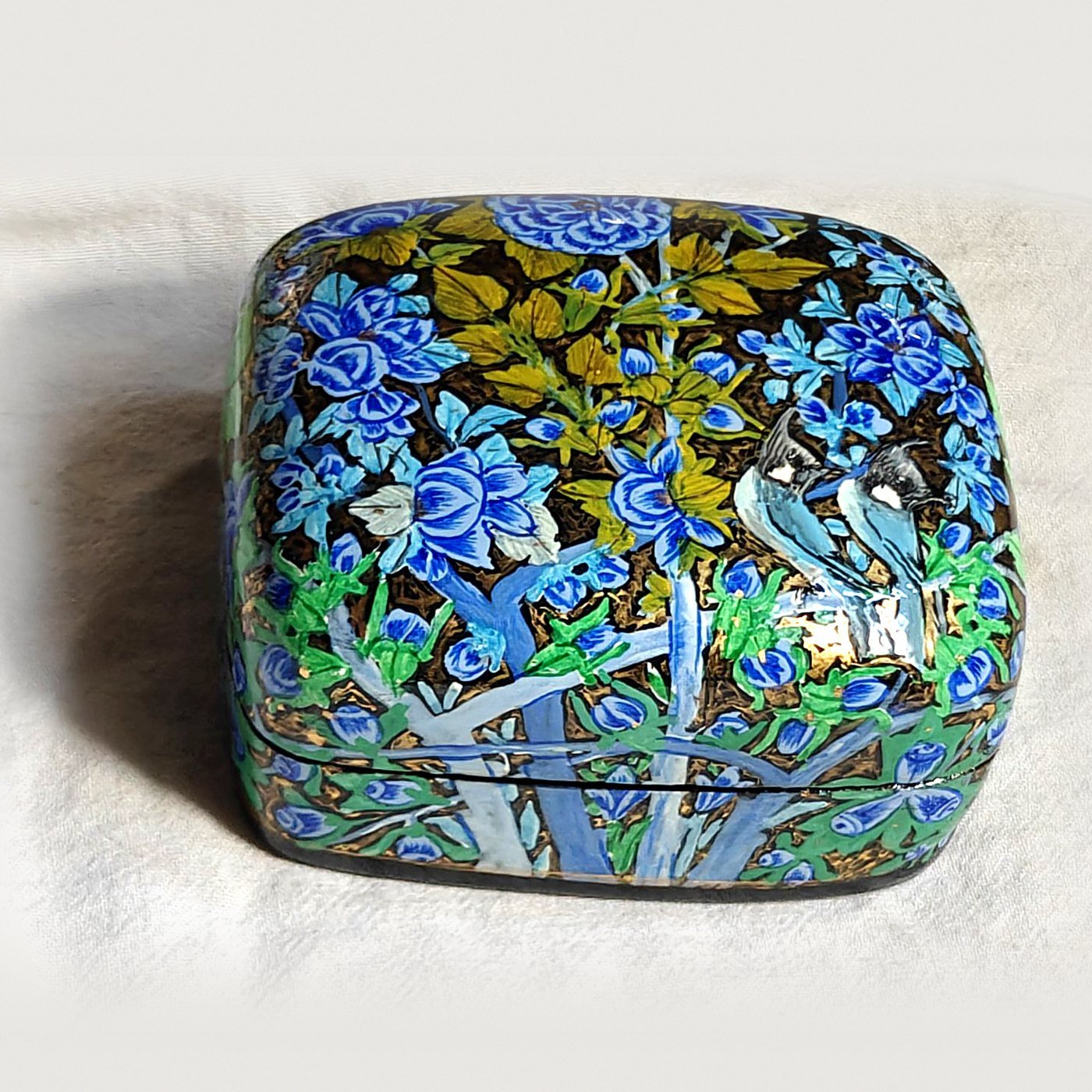 Blue papier mache trinket box, Blue Garden No. 4, hand-painted with twin bulbuls side by side and real 24K gold strokes, with the lid on