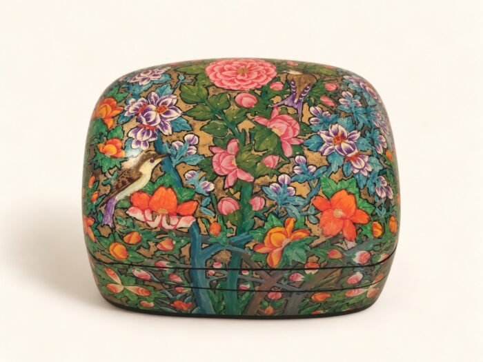 Closed pink peony garden papier mache box hand-painted with pink peony, orange and purple blossoms and a songbird on green foliage, small Kashmiri jewelry box
