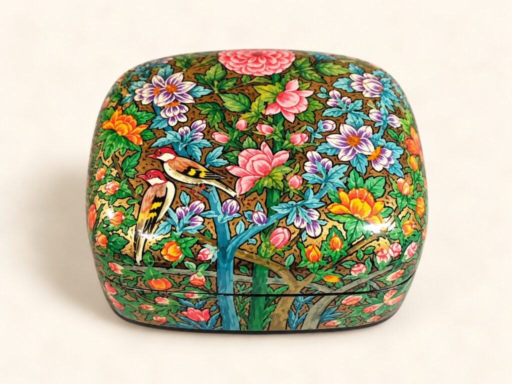 Closed pink peony papier mache box hand-painted with pink and orange flowers, blue blossoms and songbirds on green and gold, small Kashmiri jewelry box
