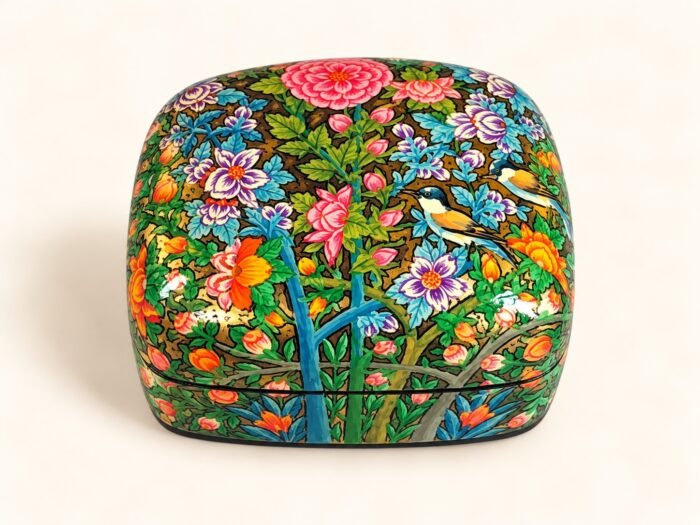 Closed pink rose papier mache box hand-painted with pink and orange flowers and yellow birds on green foliage, small Kashmiri jewelry box