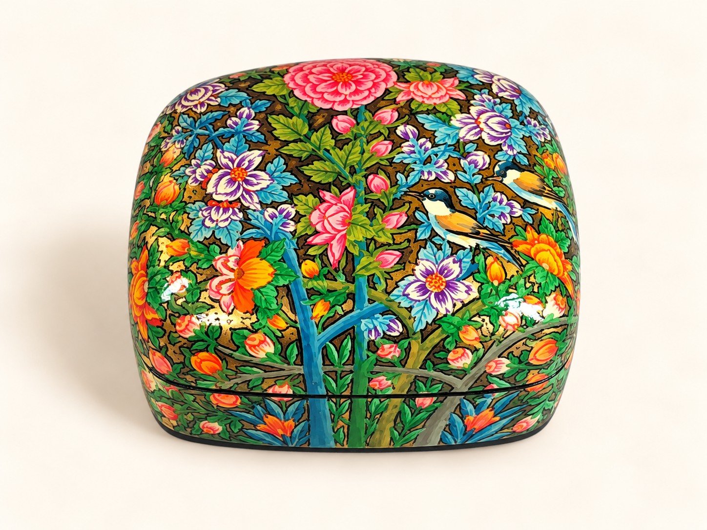 Closed pink rose papier mache box hand-painted with pink and orange flowers and yellow birds on green foliage, small Kashmiri jewelry box
