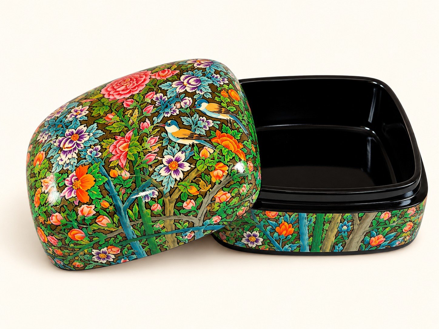 Open pink rose papier mache box with yellow birds on the lid and glossy black lacquered interior