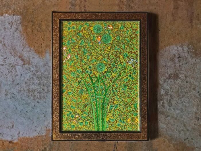 Green floral Shabe Guliwilayat Kashmiri wall painting with real gold strokes, 18 x 24 in wooden panel