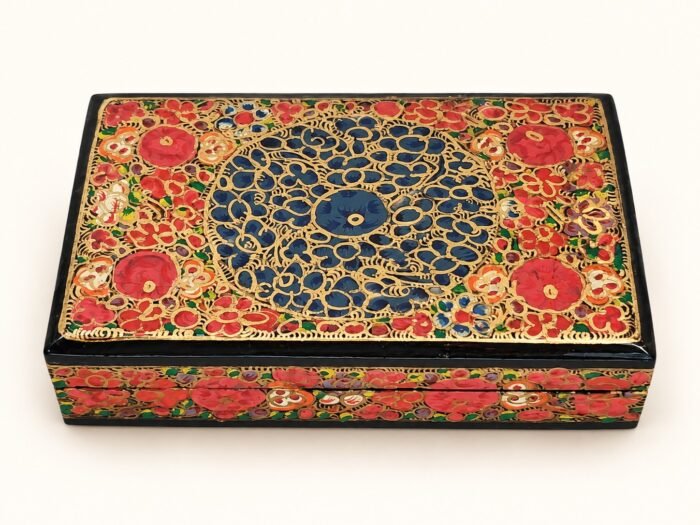 Red and blue floral Kashmiri papier-mâché box – handmade by Kashmiri artisans