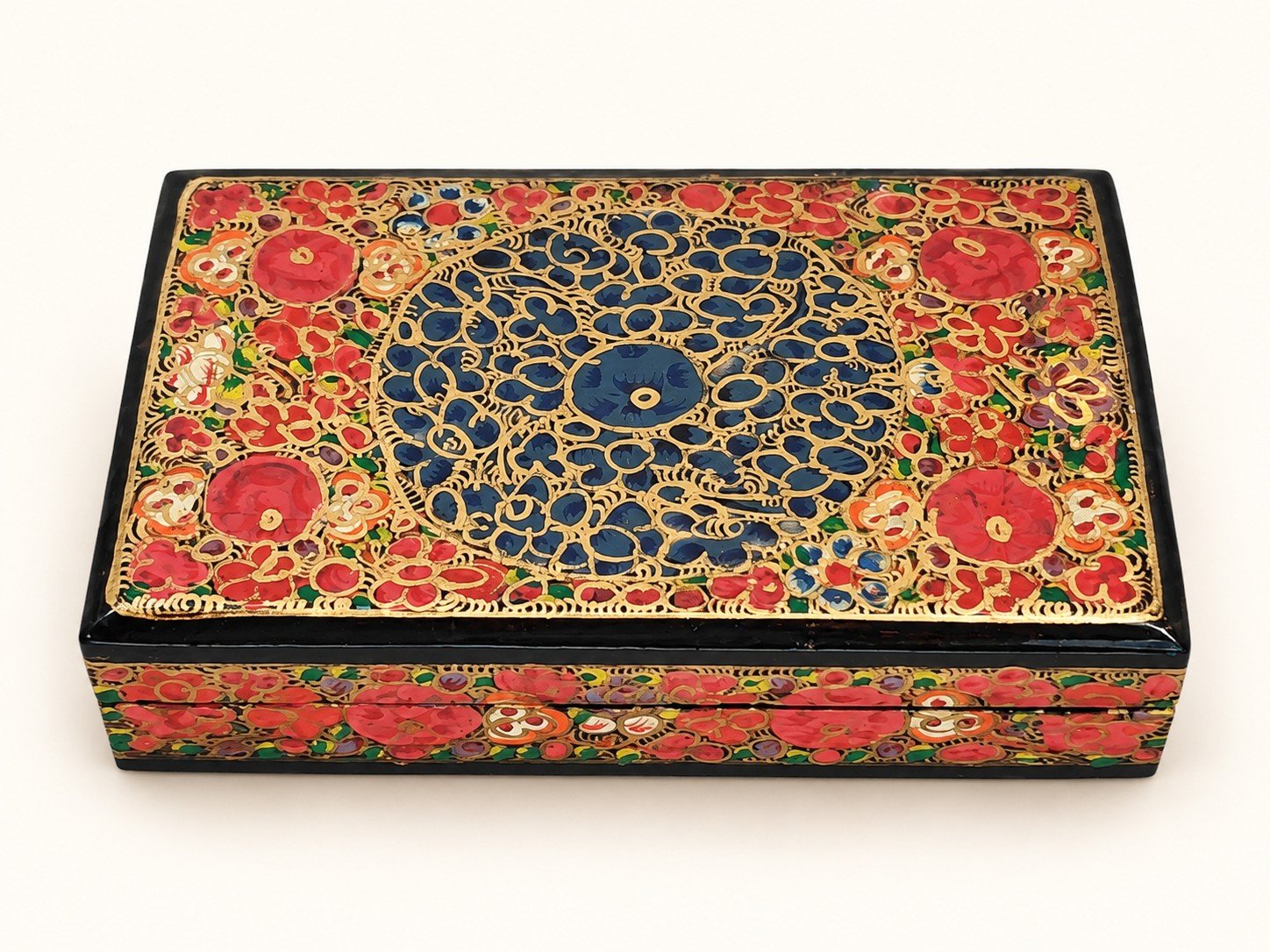 Red and blue floral papier mache box hand-painted in Kashmir with a rich red and blue floral design