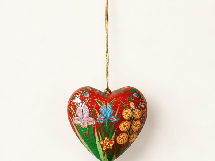 Hand-Painted Papier Mache Heart – Red with Flowers