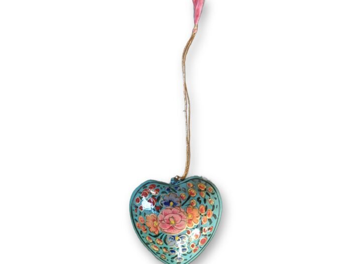 Hand-Painted Papier Mache Heart – Teal with Pink Flowers