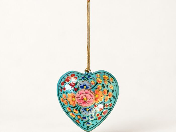 Hand-Painted Papier Mache Heart – Teal with Pink Flowers